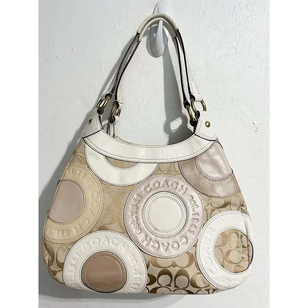 Coach Pierced Patchwork Maggie Hobo Bag Logo Khaki Beige Purse Tan